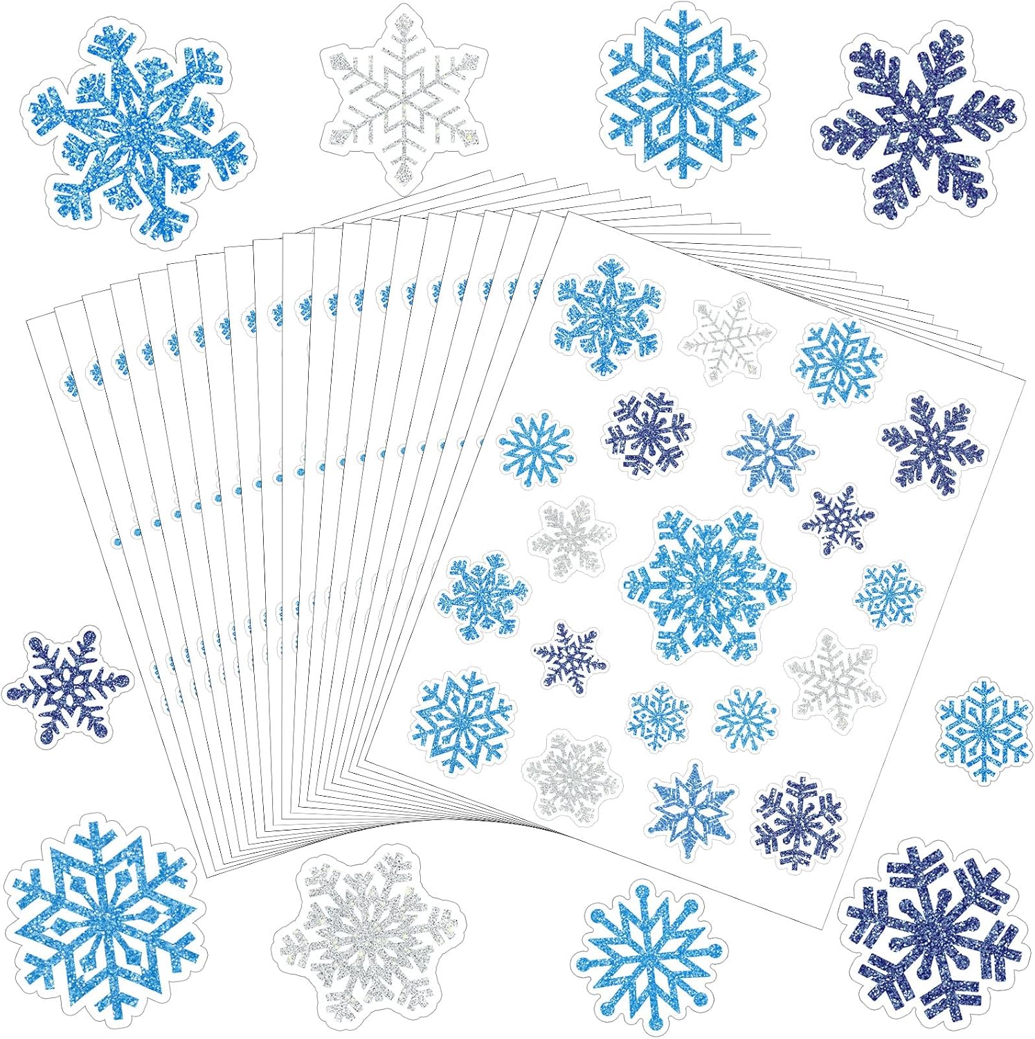 Censen 400 Pieces Snowflakes Stickers Bulk for Kids Christmas Winter Glitter Blue Silver Snowflake Stickers for Teachers Winter Christmas Classroom Holiday Party Favor Gift Wrap Cards
