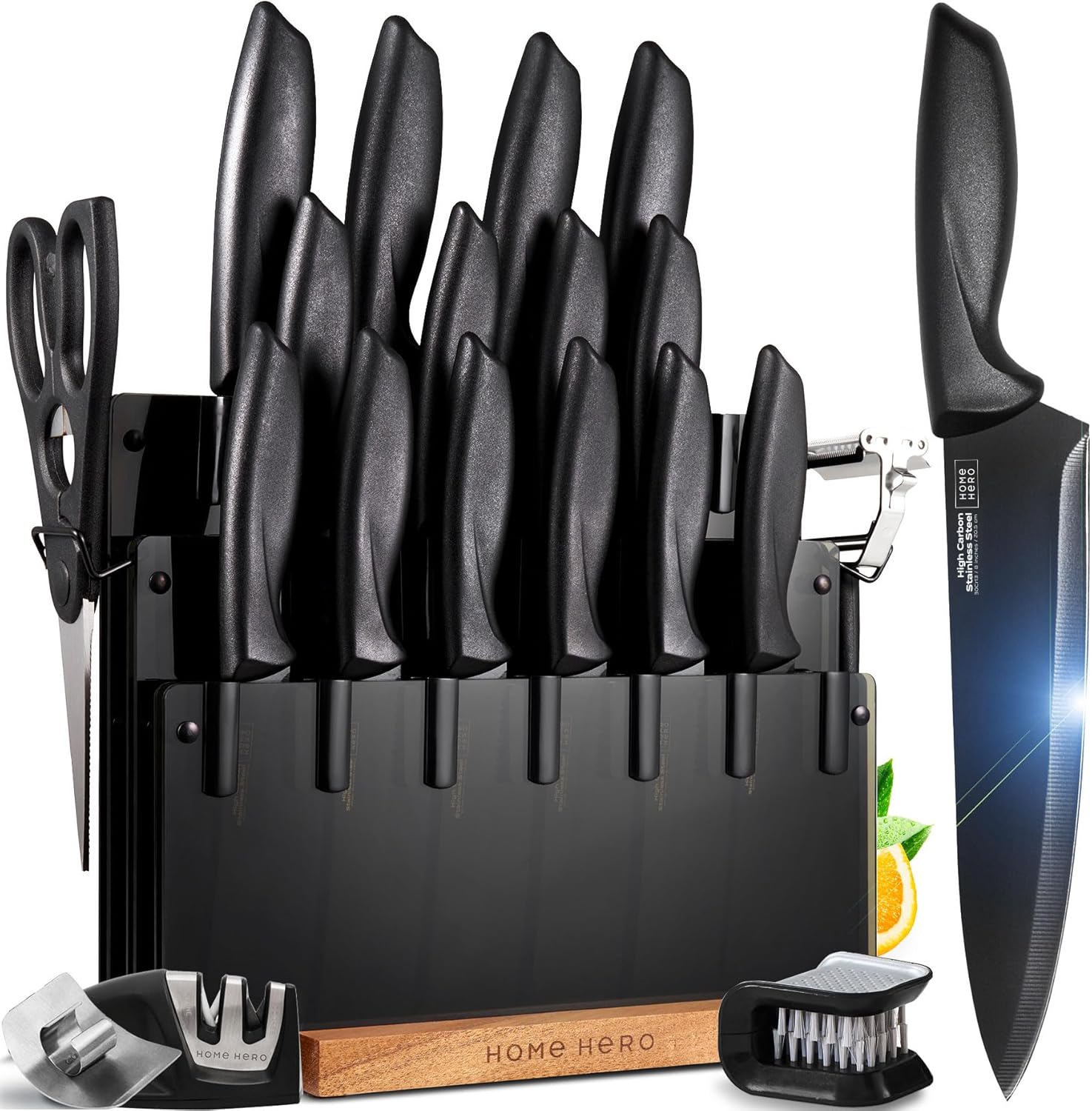 Home Hero High Carbon Stainless Steel Kitchen Knife Set - Chef Knives & Two-Stage Sharpener - Ergonomic Handles & Precision Cutting - Acrylic Cutlery Block & Easy Access Storage - 20 Pc, Black