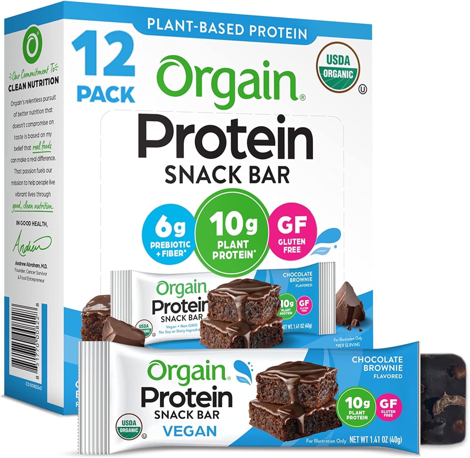 Orgain Organic Vegan Protein Bars, Chocolate Brownie - 10g Plant Based Protein, Low Calorie Healthy Snacks, No Lactose or Soy Ingredients, Gluten Free, Non-GMO - 1.41 Oz (Pack of 12)