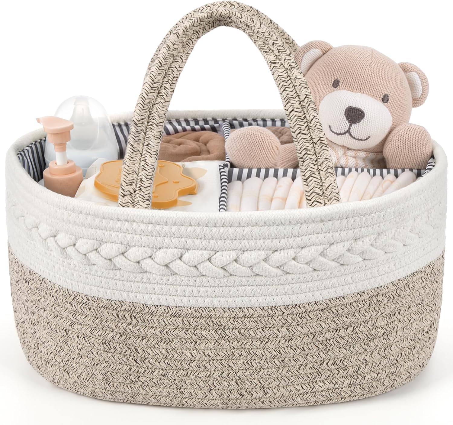 Maliton Nappy Caddy，Large Newborn Essentials Diaper Caddy，Cotton Rope Sturdy Portable Baby Caddy Storage Basket with Removable Compartments，Nappy Organiser as Baby Shower Gifts for Newborn