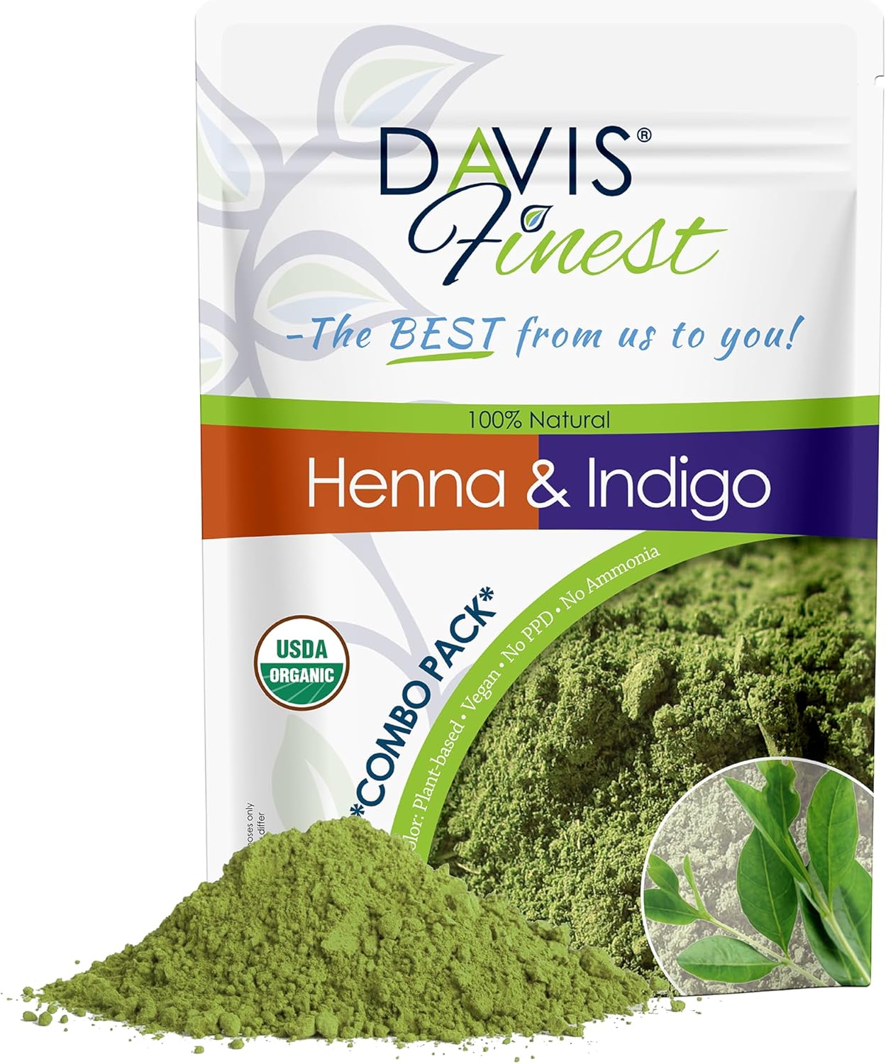 Davis Finest Henna Indigo Hair Dye 200g, Combo Pack, Organic, 100g Henna & 100g Indigo, Natural Hair Colour Beard Dye, PPD-Free, Vegan