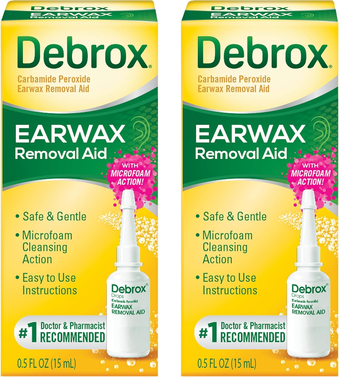Debrox Ear Wax Removal Drops, Gentle Microfoam Ear Wax Remover, 0.5 Fl Oz, 2 Pack