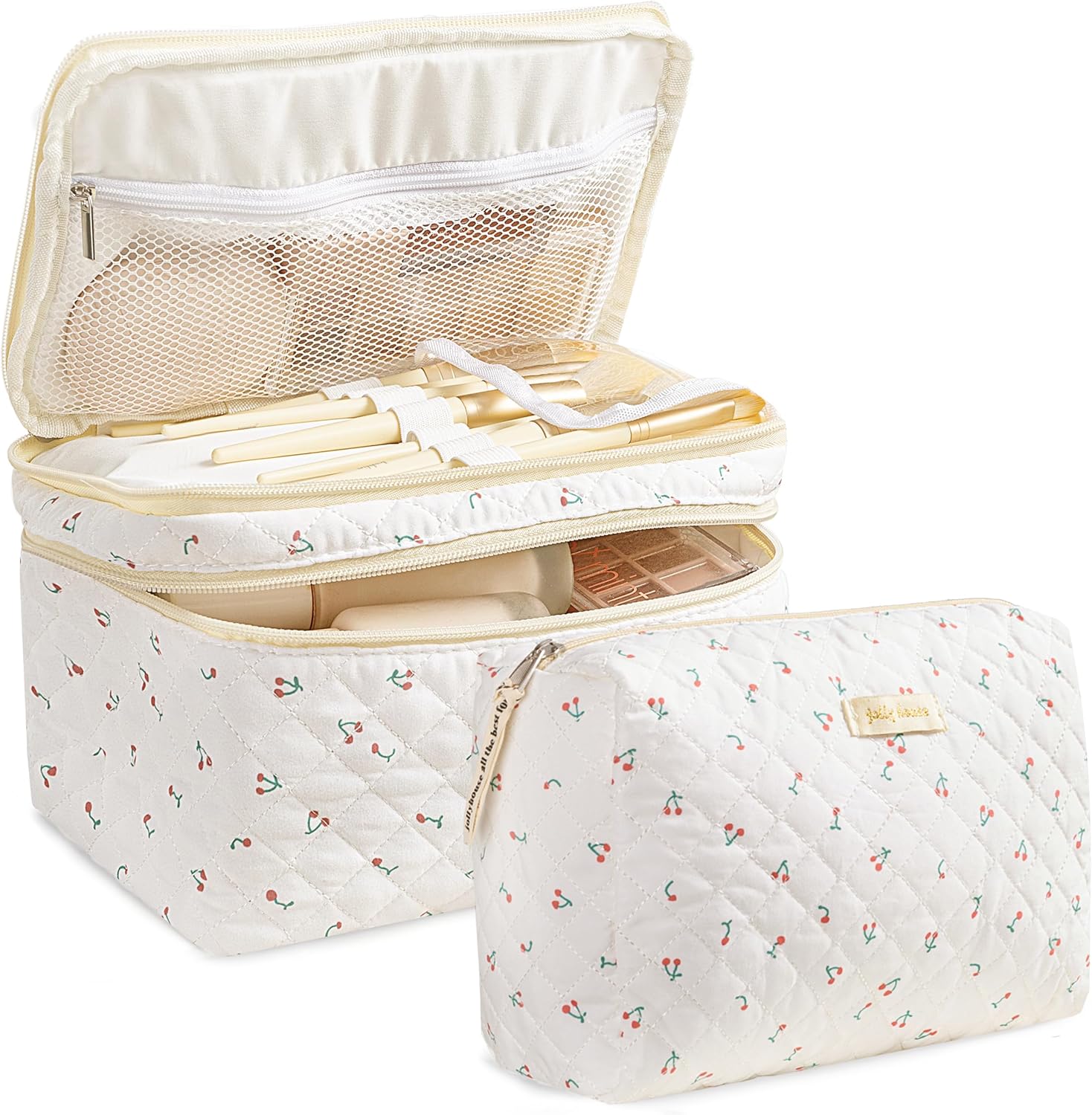 HBselect 2Pcs Travel Makeup Bag, Large Cotton Quilted Makeup Bag Cosmetic Bag Cute Make up Bag Toiletry Bags for Women Girls