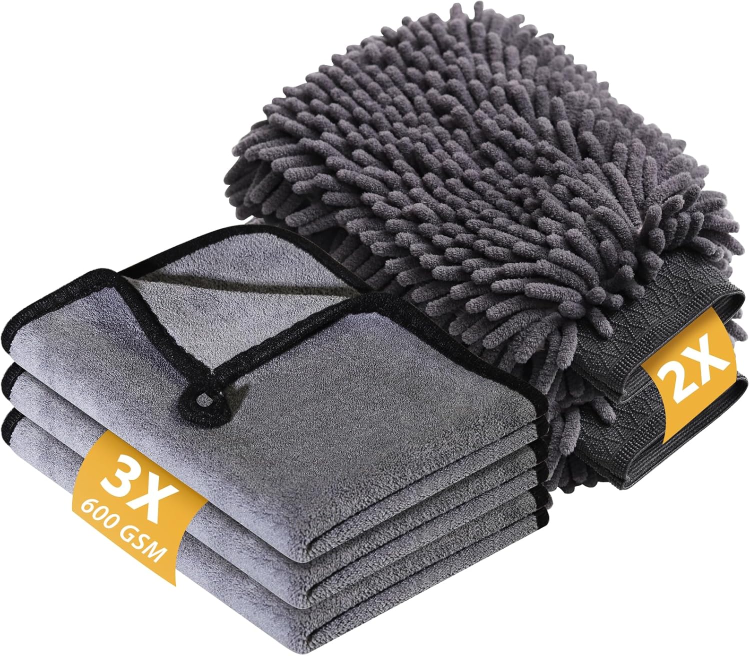 KEYAYE 5 Pcs Car Washing Kit with 3x Microfibre Cleaning Cloth and 2er Microfibre Wash Mitt, Dual-Sided Ultra Soft Drying Towels and Gloves for Car Care, Polishing, 600GSM, 40x30cm