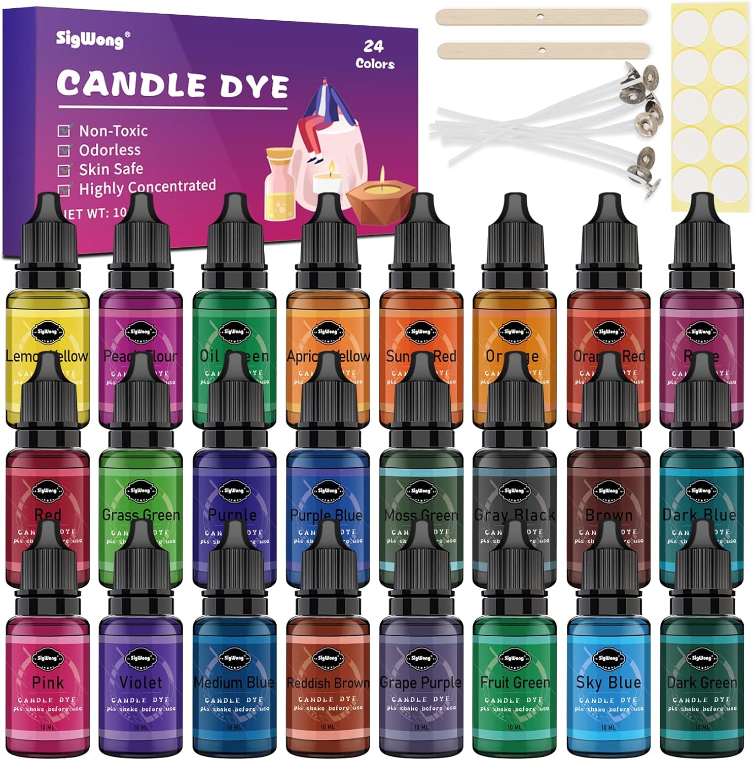SigWong Candle Dye - 24 Colors Liquid Candle Making Dye for DIY Candle Making Supplies Kit, Food Grade Ingredients Oil-Based Candle Coloring for Soy Wax Dyes, Beeswax, Each 0.35oz/10ml