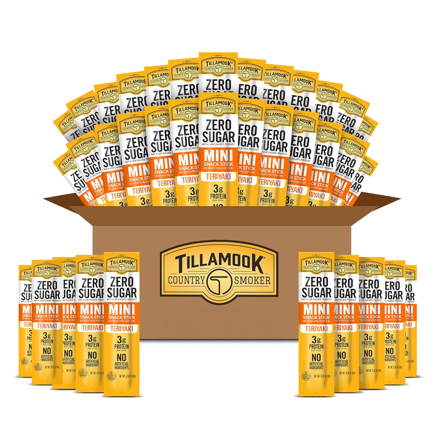 Tillamook Country Smoker Zero Sugar Teriyaki Mini Smoked Sausages, 0.33 oz, 36 Ct, Individually Wrapped Beef Sticks for Kids' School Snacks, Lunchboxes, Travel, Real Hardwood Smoked