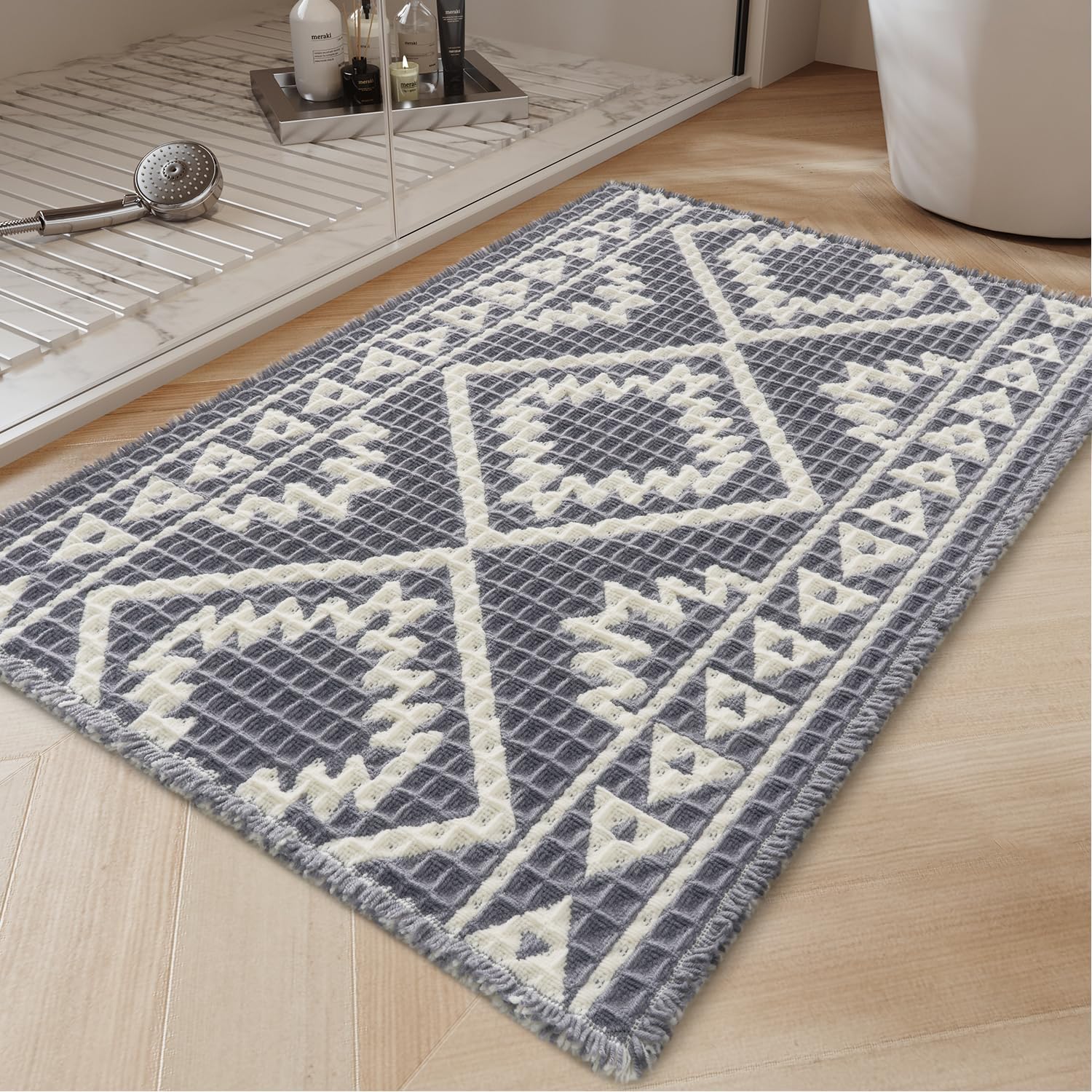 PADOOR-Waffle Bath Mat 24"x36"-Super Absorbent Bath Mats for Bathroom, Machine Washable Non Slip Bathroom Rug with Tassels, Soft Bathroom Mat for Laundry Room, Bedroom, Grey & Cream, 2'x 3'