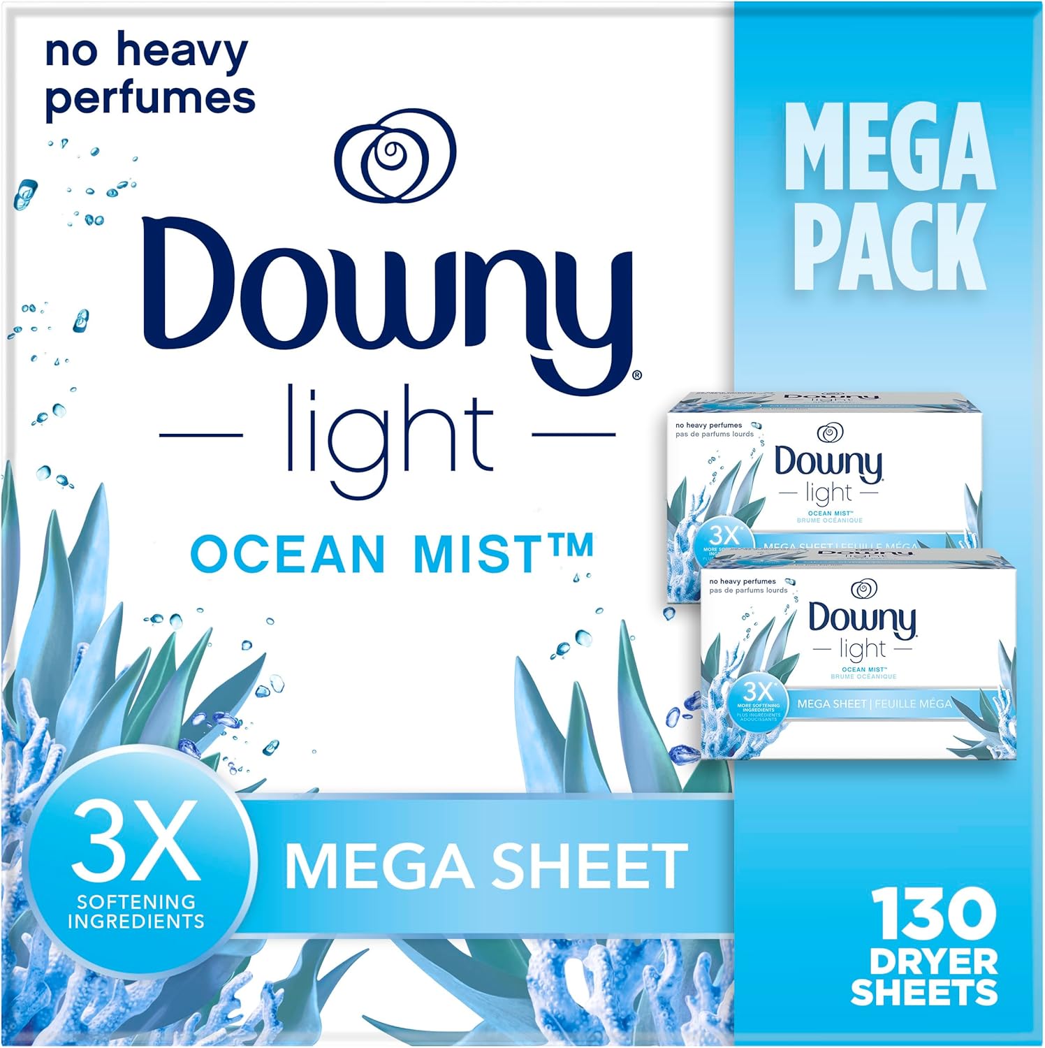 Downy Light Mega Dryer Sheets, Fabric Softener Dryer Sheets, Ocean Mist, 130 Count
