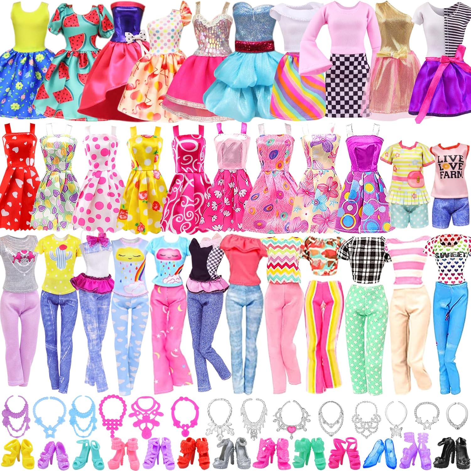 Ecore Fun 39 Pcs Doll Clothes and Accessories 3 Fashion Dresses 10 Slip Dresses 3 Tops 3 Pants 10 Necklaces 10 Shoes Fashion Casual Outfits Perfect for 11.5 inch Dolls