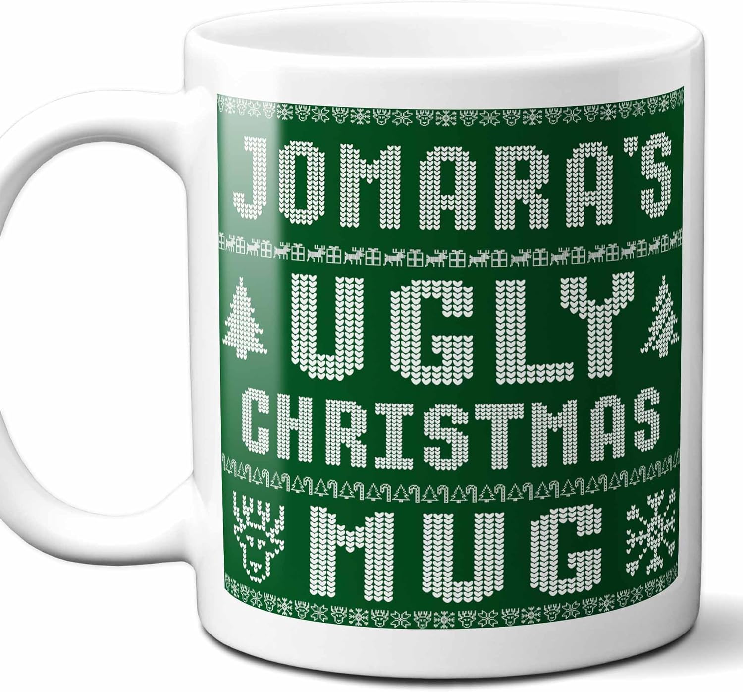 Jomara Name Christmas Gift. Personalized Ugly Christmas Sweater Coffee Mug. Funny Custom Xmas Gift, Stocking Stuffer For Friends, Coworkers And Person Who Has Everything. 11 Ounces.