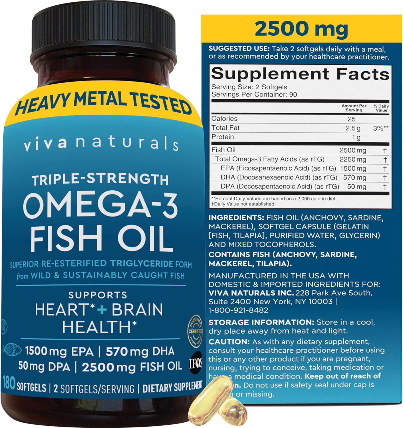 Triple Strength Fish Oil Omega 3 Supplements for Women and Men – 2500 mg High-Potency, Easy-to-Absorb Re-esterified Triglyceride Form, Pescatarian-Friendly DPA Omega 3 EPA DHA Supplement,180 Softgels