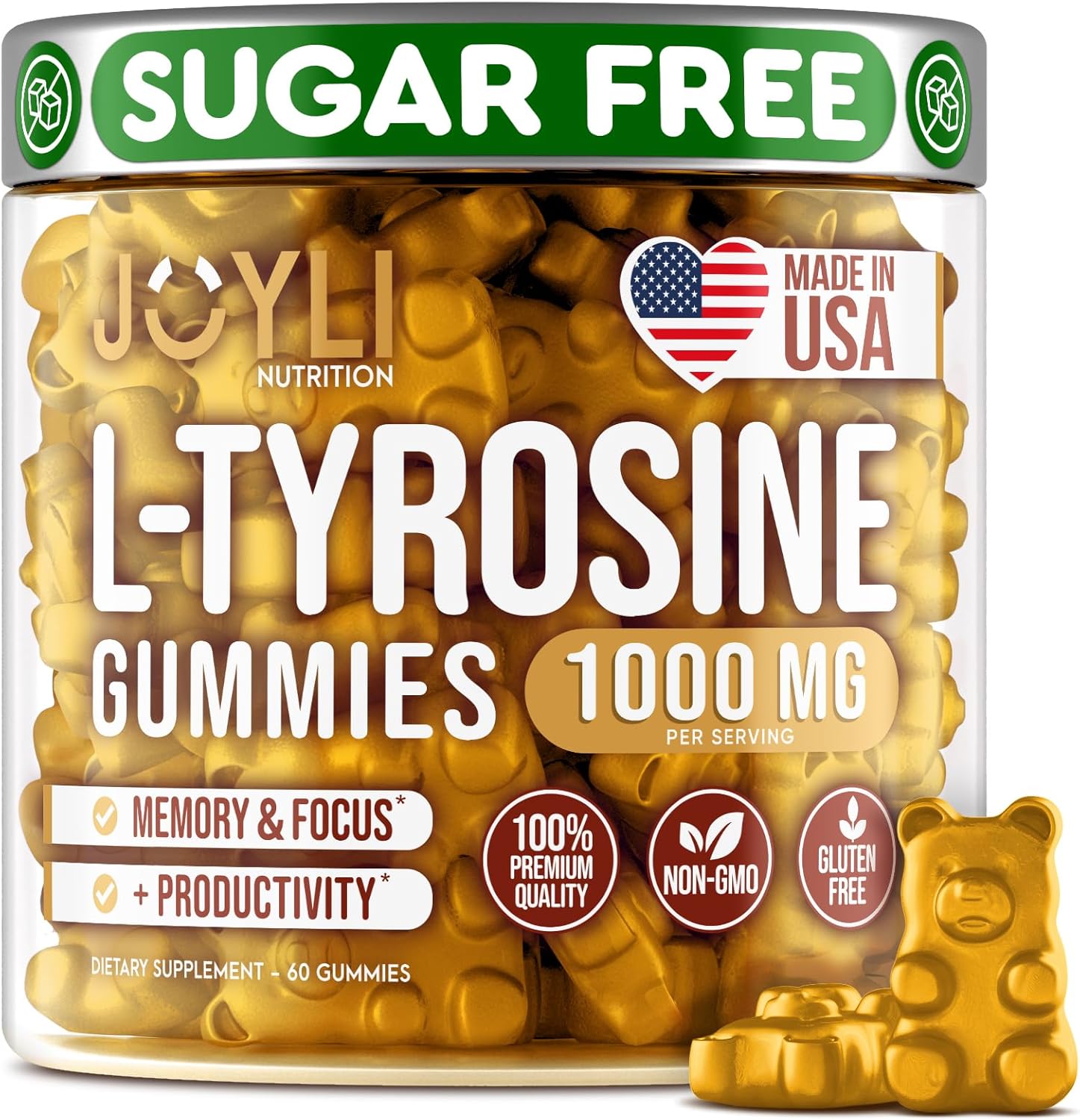 Joyli L Tyrosine Gummies 1000MG - L-Tyrosine Supplement for Kids & Adults - Calm & Focus Gummies for Brain, Memory, Mood, and Energy - 500mg L- Tyrosine Powder per Gummy - Vegan, Gluten-Free