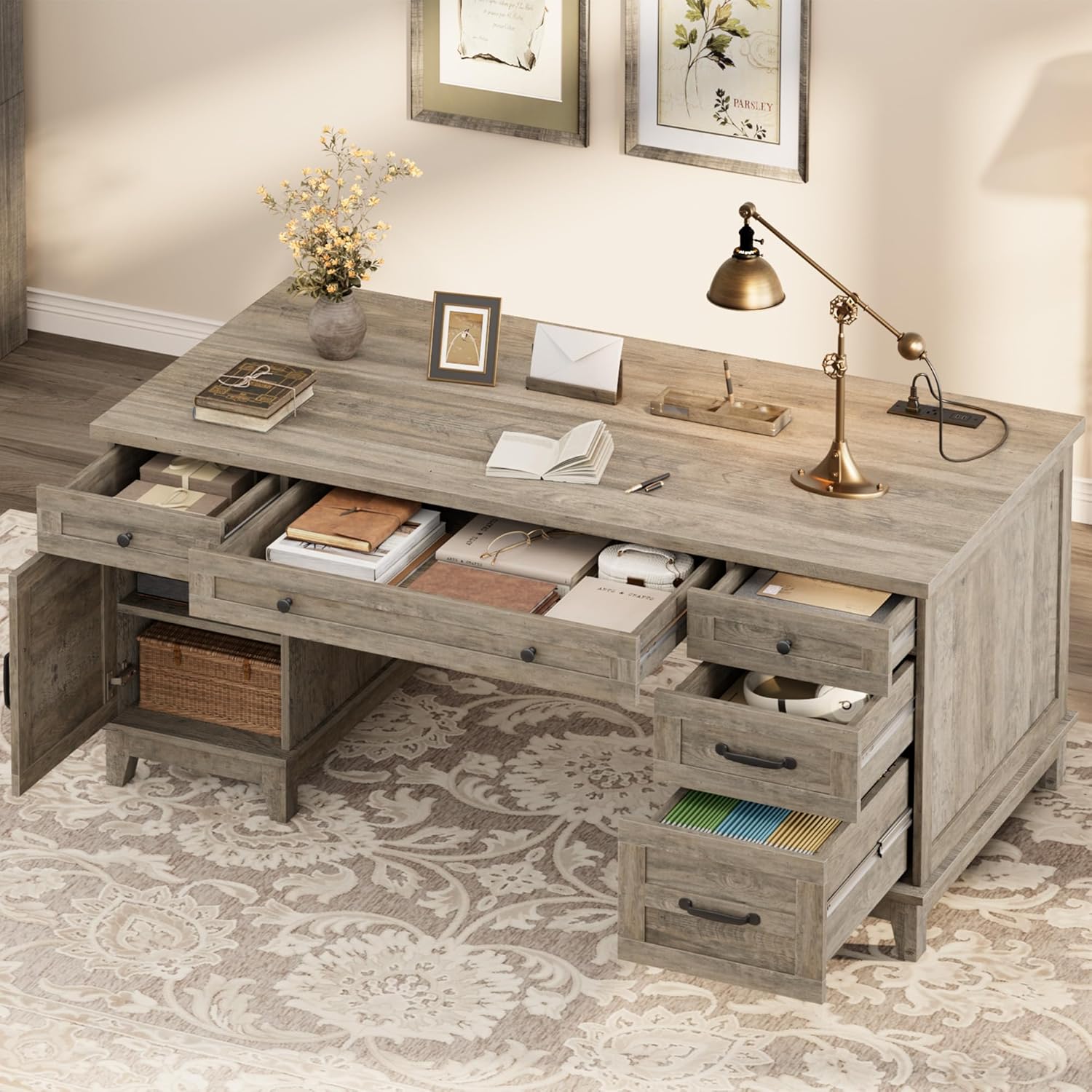 GarveeHome Farmhouse Executive Desk with File Drawers, 60 in Home Office Desk with Charging Station, Wooden Computer Desk with Cabinet Storage for Work Study Writing, Rustic Gray