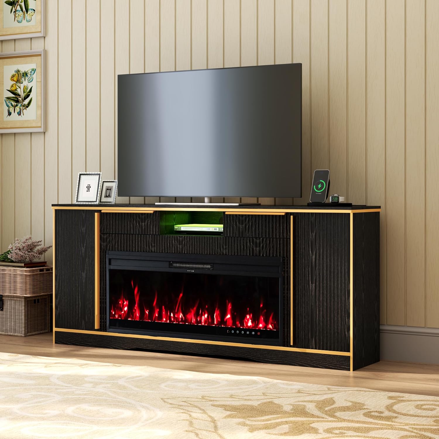 COCO DESIGN Fireplace TV Stand up to 80" TVs, 42" Electric Fireplace TV Console with Crystal Stone, Colorful LED Lights Entertainment Center with Remote Control, Black