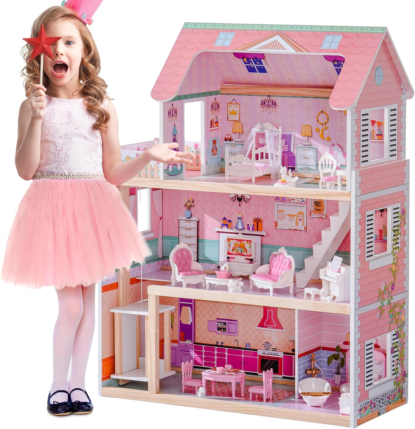 ROBOTIME Wooden Dollhouse, Doll Houses Playset with 24 Pcs Furniture for 4, 5, 6-Inch Dolls, Dollhouse Gift for 3+ Year Old Girls (Pink)