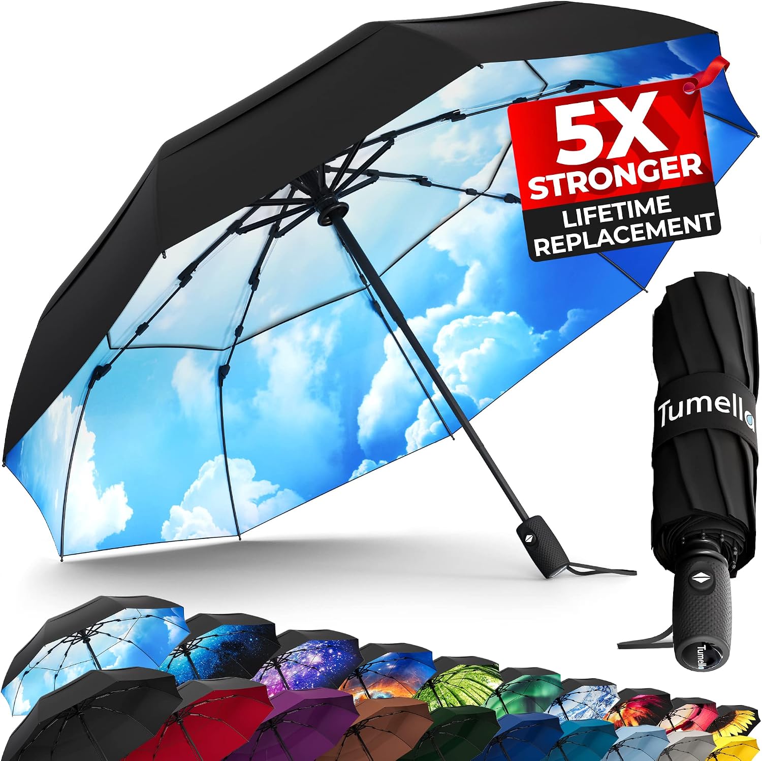 TUMELLA Strongest Windproof Travel Umbrella (Compact, 100MPH Wind-Tested), Light, Portable, One-Handed Use, Automatic Folding Rain Umbrella, Durable, Premium Grip, Fits Car & Backpack