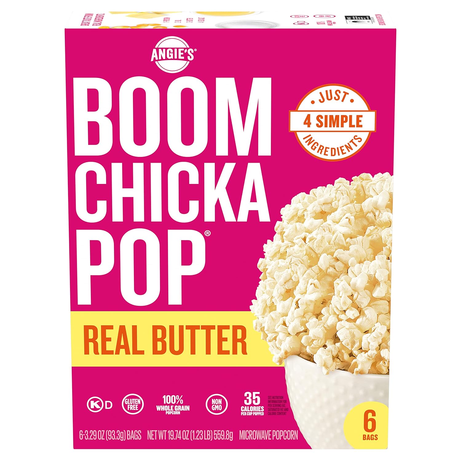 Angie's BOOMCHICKAPOP Real Butter Microwave Popcorn, 6 Count, 3.29 oz. bags