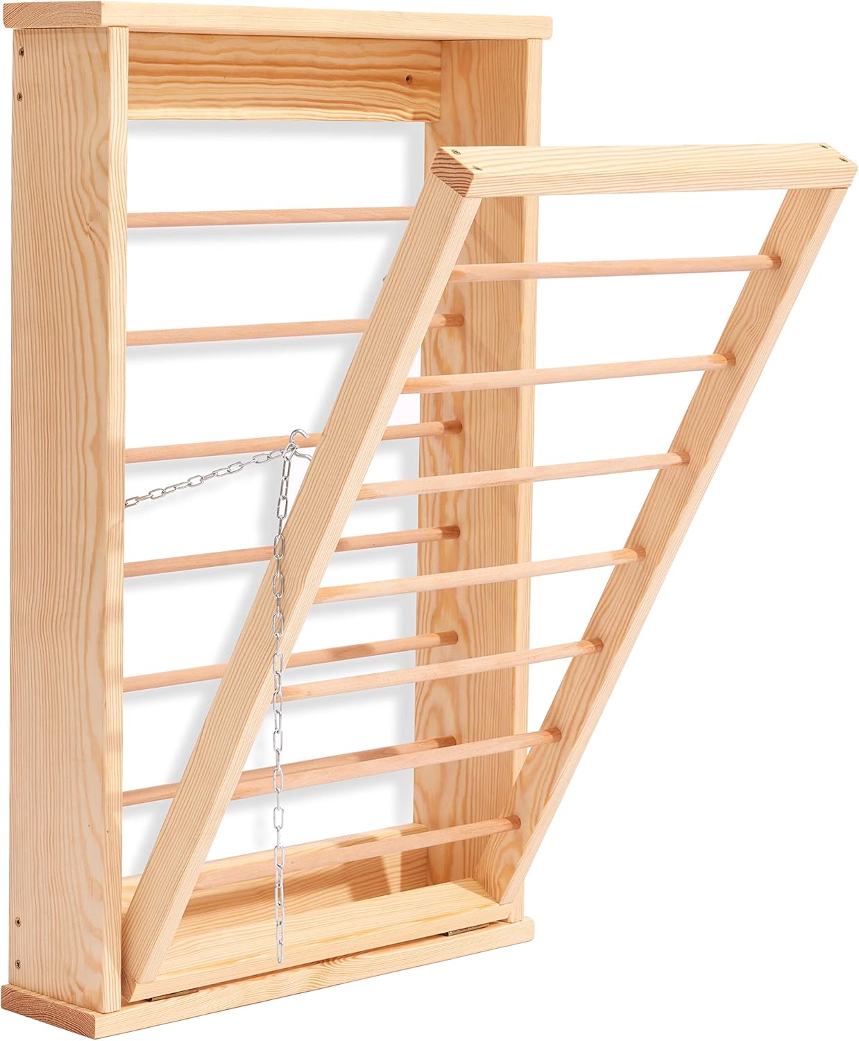 NOVECRAFTO Natural Wood Wall Mounted Drying Rack Clothes With Double Side Rails - Foldable Wall Mounted Clothes Airer 31.4" (80cm) H x 19.3" (50cm) W - Wooden Folding Laundry Airer for Indoor Use