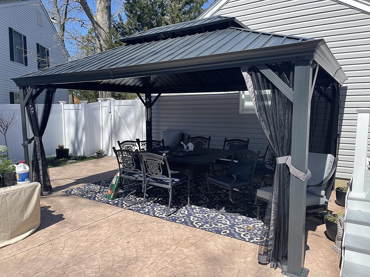PURPLE LEAF 3.65m x 4.85m Hardtop Gazebo Double Layer Roof with Ventilated Top and Built-in Drainage System Equipped with Curtains and Nettings Modern Elegant Design for Garden