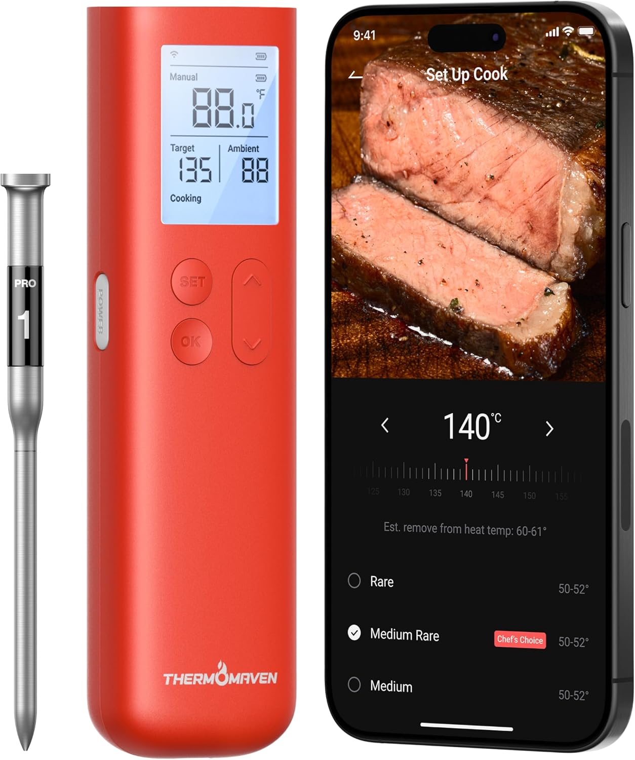 ThermoMaven Smart Bluetooth Wireless Meat Thermometer, 10X Enhanced Sub-1G Signal and Stability, Standalone Display Base, Certified Accuracy ±0.5°F, WiFi Unlimited Range for BBQ, Oven, Smoker, Grill