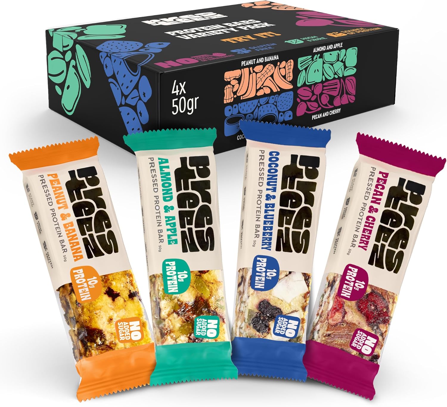 Presteez Protein Enhanced Energy Bars Flavour Selection Pack - High Protein High Fibre Fruit and Nut Snacks, 10g Protein, 7g Fibre, No Added Sugar, Gluten Free, 50g, 4 Pack
