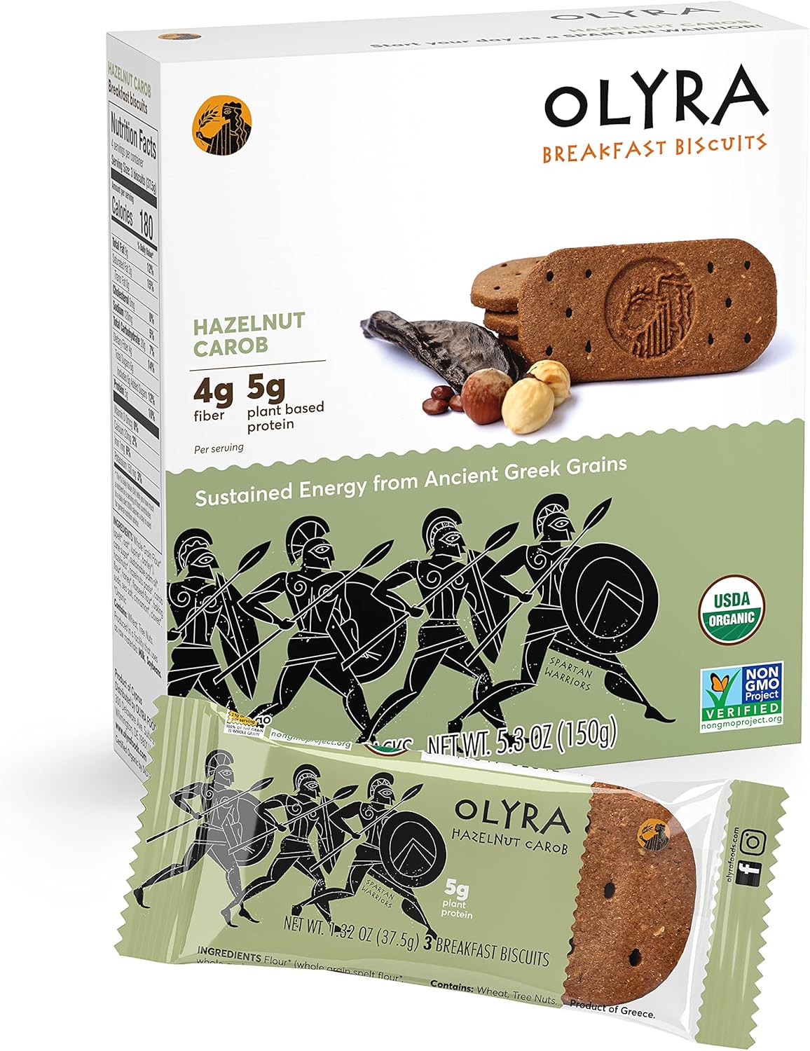 Olyra Hazelnut Carob Breakfast Biscuits, Healthy Snacks for Kids and Adults, Low Sugar, High Fiber, Vegan Organic Cookies, with Ancient Greek Grains, USDA Certified Organic, Non GMO, 4 Packs