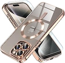 Misea Magnetic for iPhone 15 Pro Max Case with MagSafe [Never Yellowing] [Military Grade Drop Protection] Full Camera Lens Protector Plating Soft Clear Phone Case for Women Girls, Gold