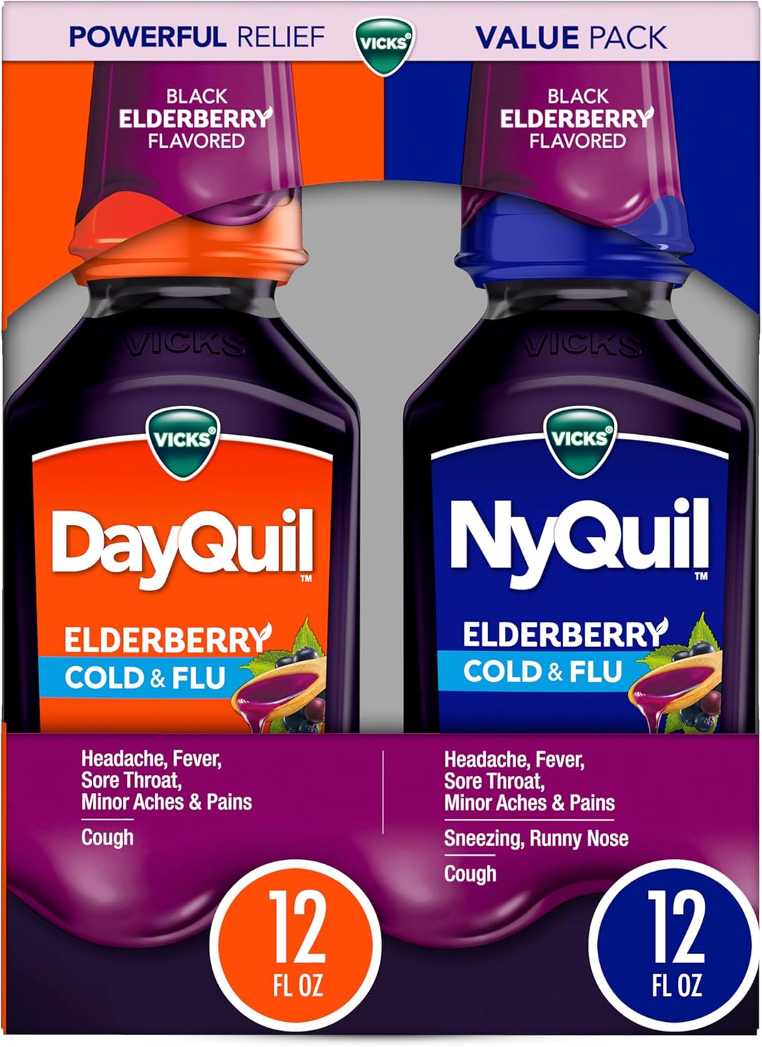 VICKS DayQuil & NyQuil Elderberry Flavor Cold & Flu Liquid Medicine Co-Pack, Multi-Symptom Relief of Headache, Fever, Sore Throat, Minor Aches & Pains, Sneezing, Runny Nose, and Cough, 2x12oz
