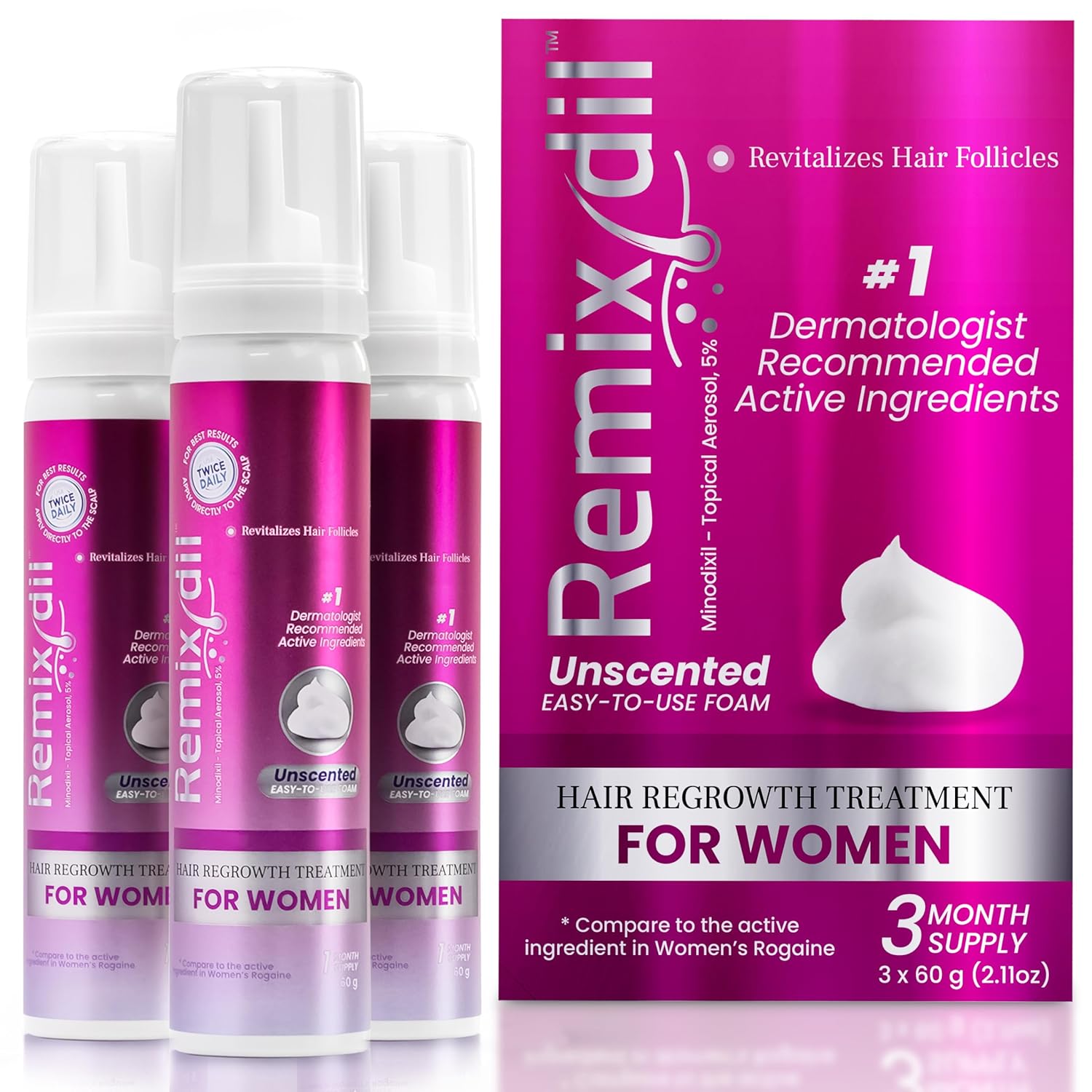 Minoxidil for Women | 5% Minoxidil For Women Hair Growth | Hair Regrowth Treatment | Unscented Topical Foam | Dermatologist Recommended | Clinically Proven Formula | 3 Month Supply