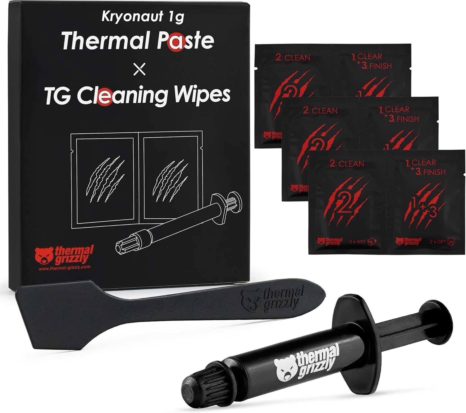 Thermal Grizzly Kryonaut - 1 Gram - Extremely High Performance Thermal Paste + 12 Cleaning Wipes 6 Wet & 6 Dry - for Demanding Applications and Overclocking CPU/GPU/PS4/PS5/Xbox