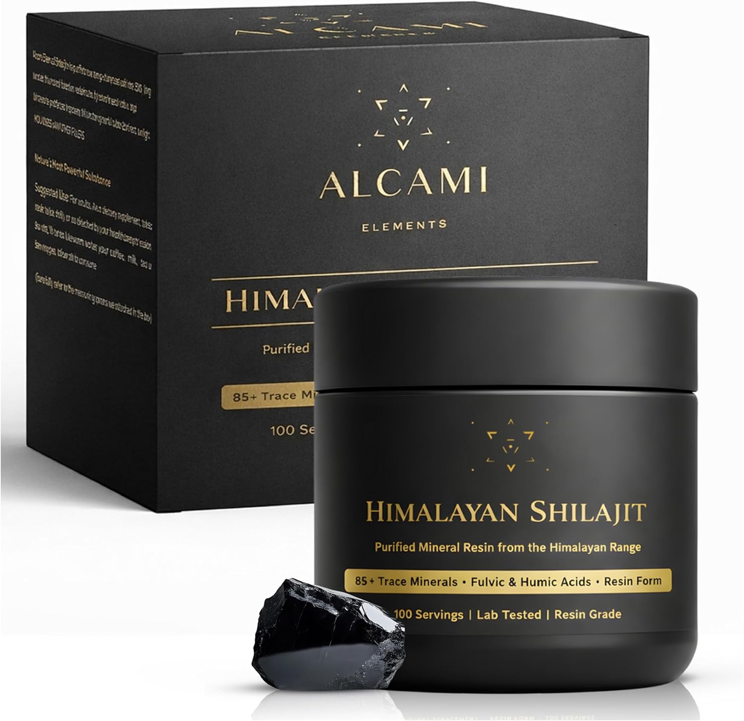 Alcami Premium Himalayan Shilajit Resin - High Potency Gold Grade Shilajit for Men & Women | 100 Servings | 85+ Trace Minerals | 75%+ Fulvic Acid | Lab Tested | 50 Grams | Spoon Included