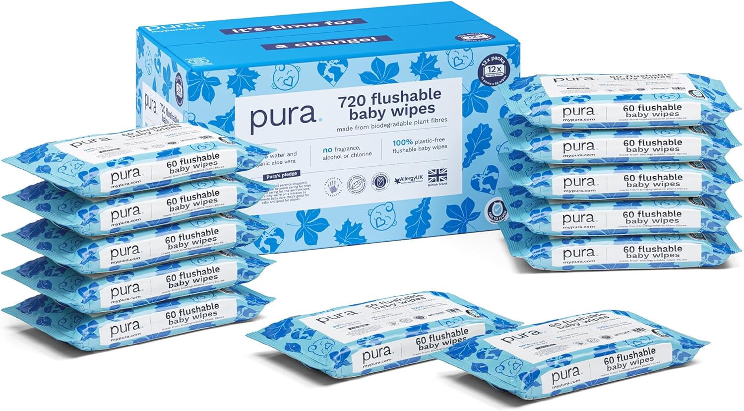 Pura Flushable Baby Wipes 12 x 60 per pack, (720 Water Based Wet Wipes) 100% Plastic Free, 99% Water, Suitable for Sensitive & Eczema Prone Skin, Monthly Pack Biodegradable, Compostable, Vegan
