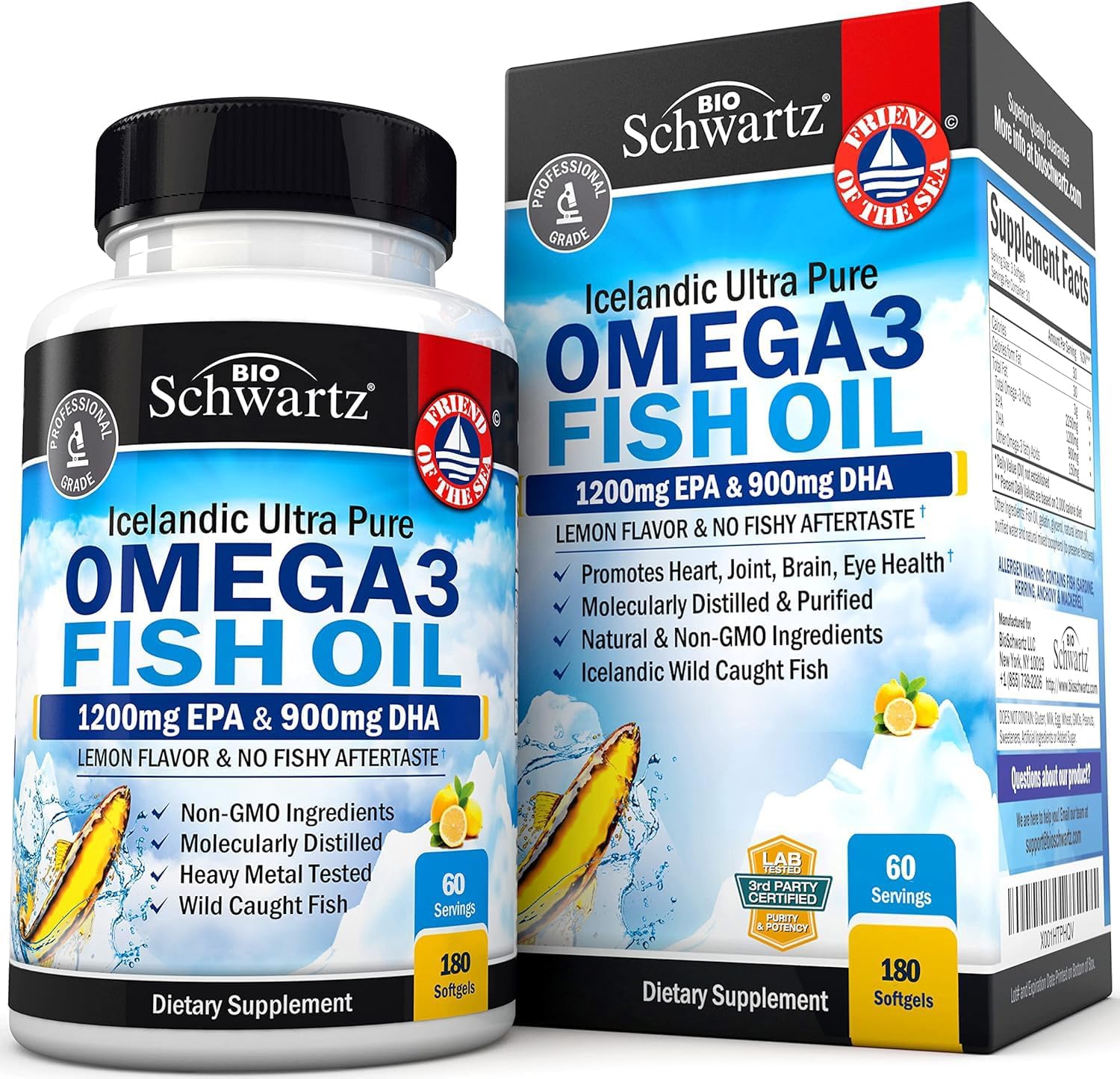 Triple Strength Omega 3 Fish Oil Supplement - 2250mg EPA DHA Omega 3 Fatty Acids from Wild Caught Fish, Supports Joint, Eyes, Brain Health - Burpless Lemon Flavor, Gluten Free, 180 Omega3 Softgels