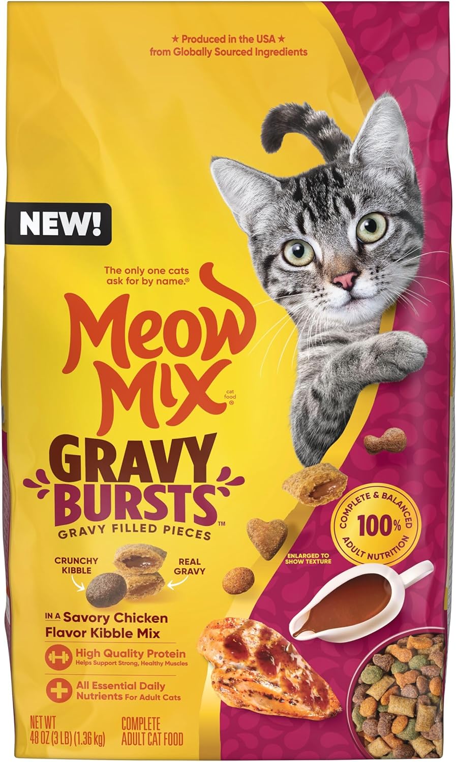 Meow Mix Gravy Bursts Dry Cat Food, Chicken, 3 LB Bag