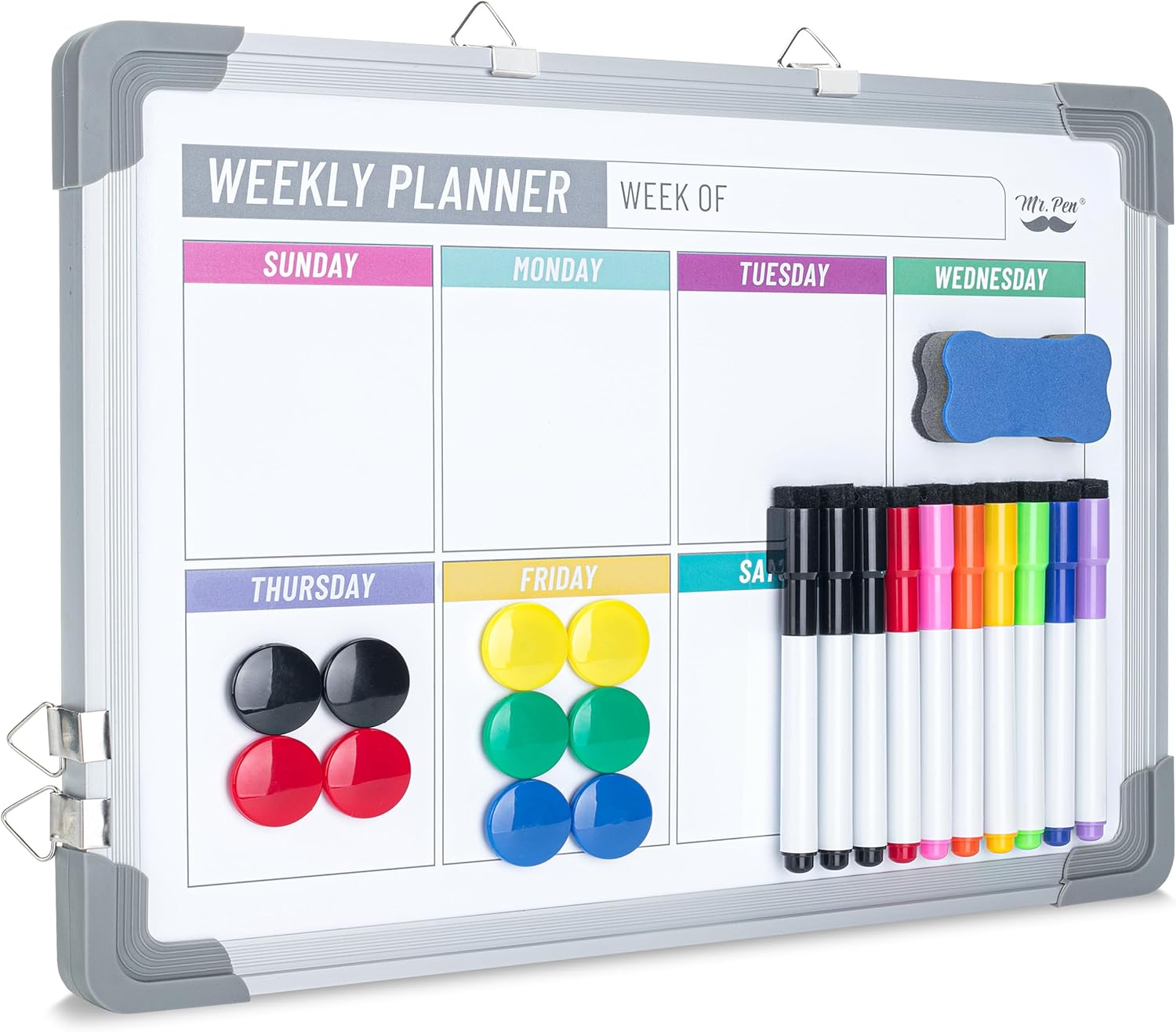 Mr. Pen- Magnetic Weekly Erase Board, 12" x 16", Double-Sided with Markers, 10 Magnets and Eraser