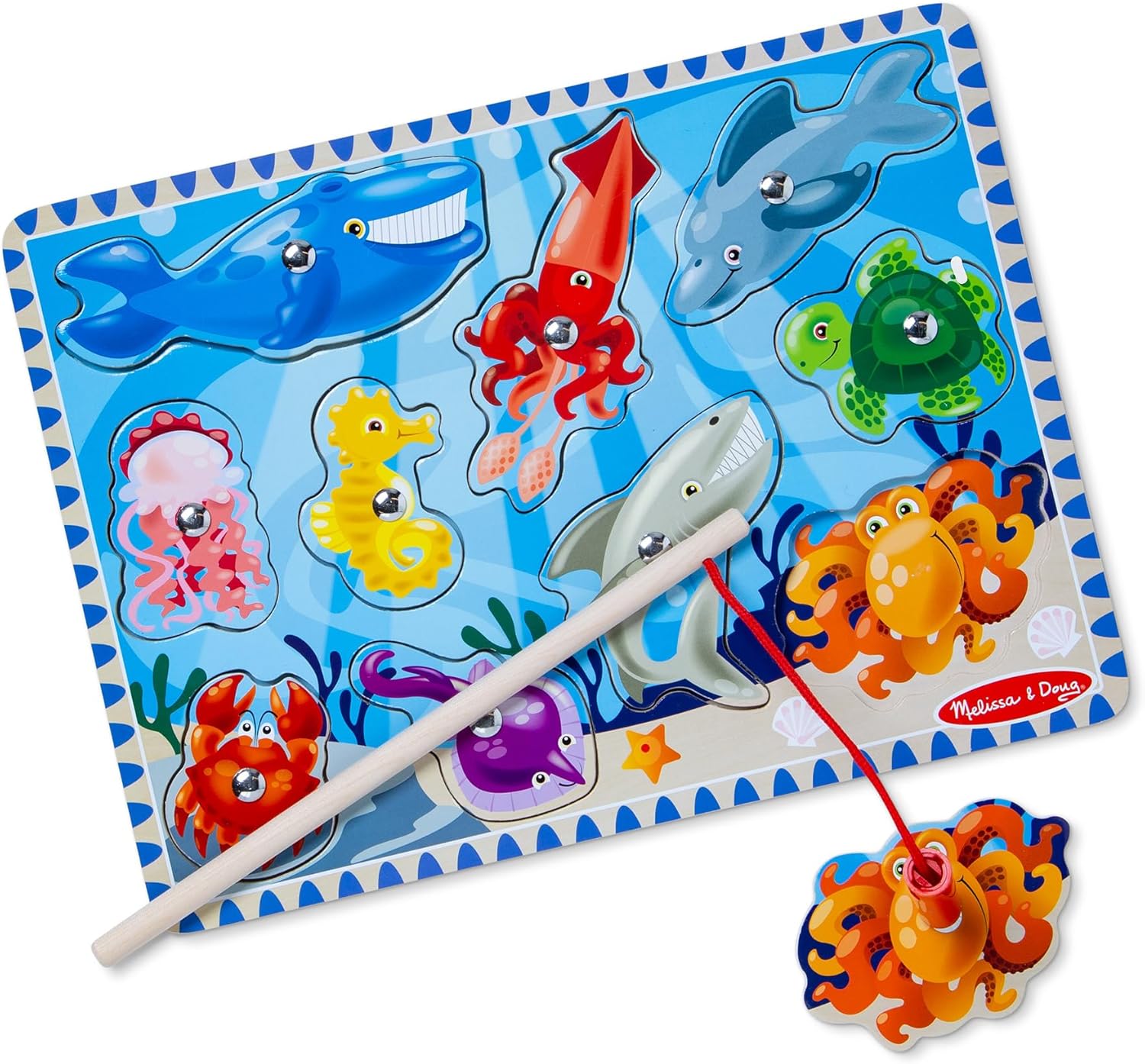 Melissa & Doug 13778 Magnetic Wooden Fishing Game And Puzzle With Ocean Animal Magnets, Multicolour