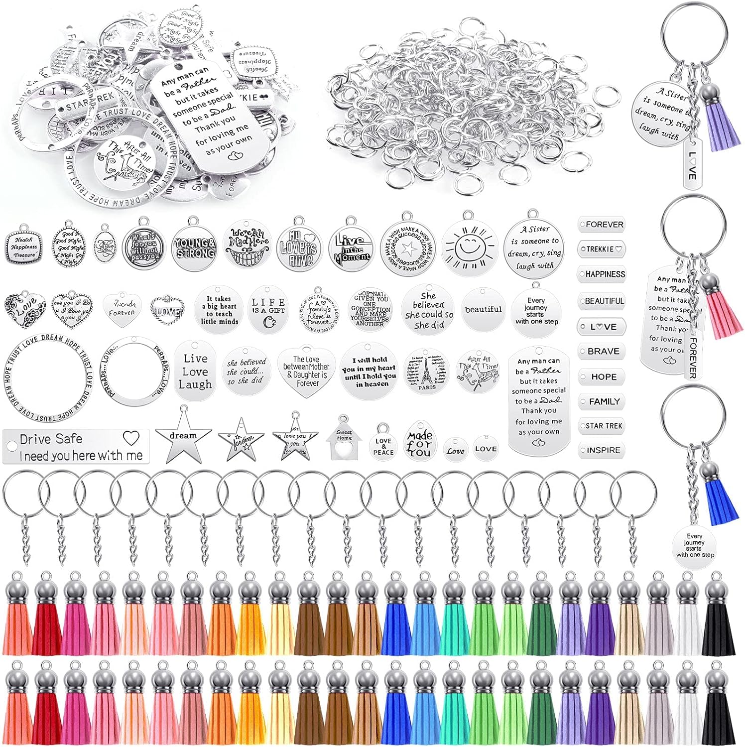 Audab 350Pcs Motivational Keychain Accessories Set with 50 Engraved Inspirational Words Charms, 50 Leather Keychain Tassels, 50 Keyring with Chain, 200 Open Jump Rings for DIY Crafting