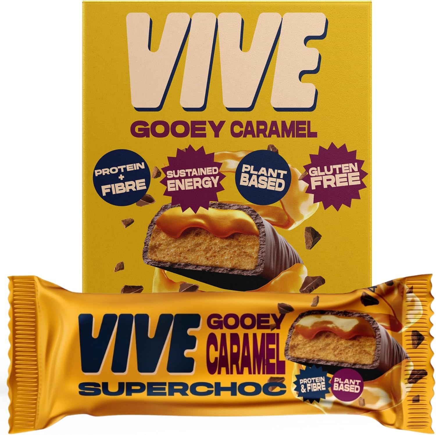 Vive Superchoc Low Sugar High Fibre Gooey Caramel Chocolate Bar - Protein Packed - Vegan Healthy Snack