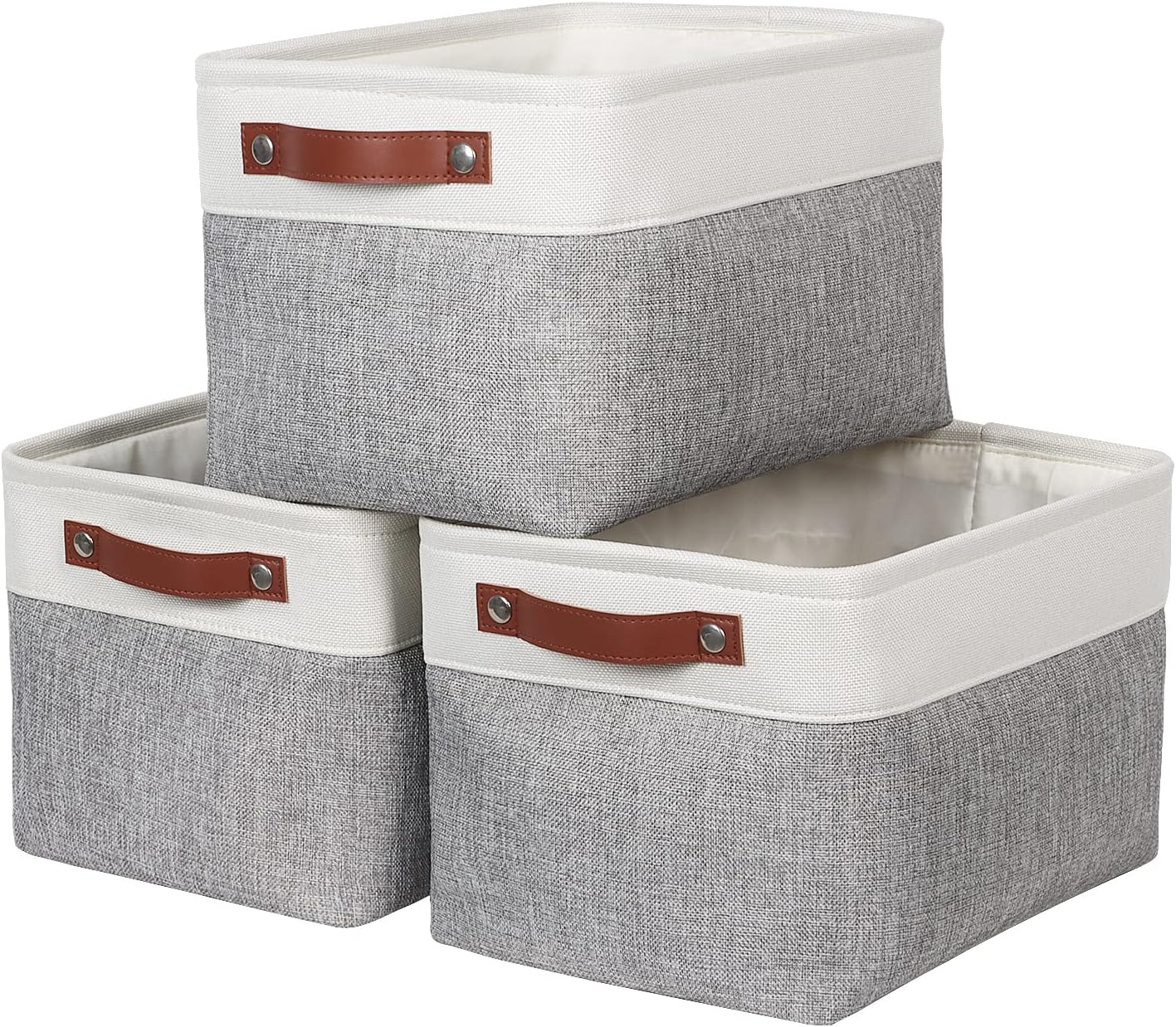 Syeeiex Fabric Storage Basket [3-Pack], Large Baskets with Leather Handles, Storage Boxes for Shelves, Foldable Baskets for Organizing Toys, Clothes, Office (White/Grey)