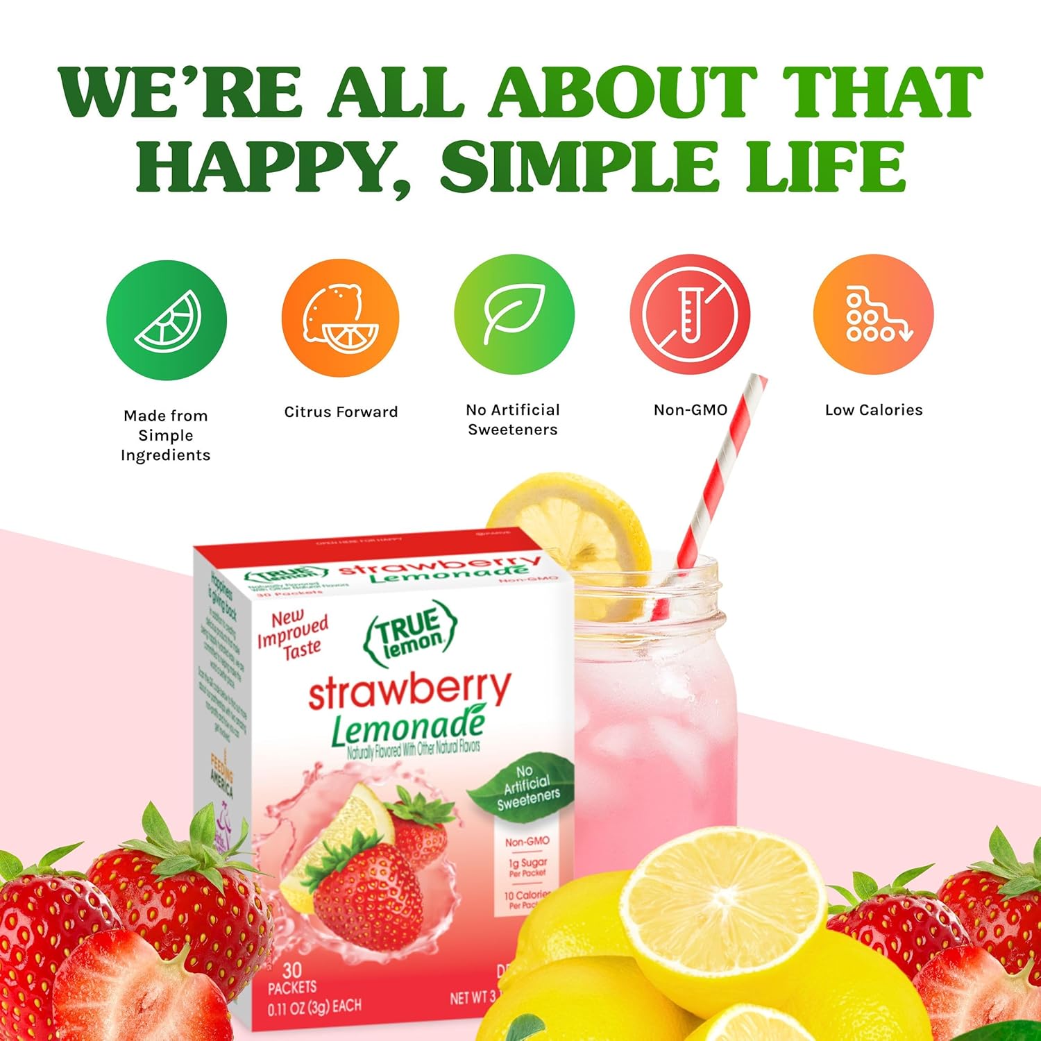 True Lemon Strawberry Lemonade Water Enhancer Drink Mix (30 Count), Low Calorie Drink Mix Packets for Water, Powdered Drink Mixes & Flavors, Individual Drink Packets with Stevia