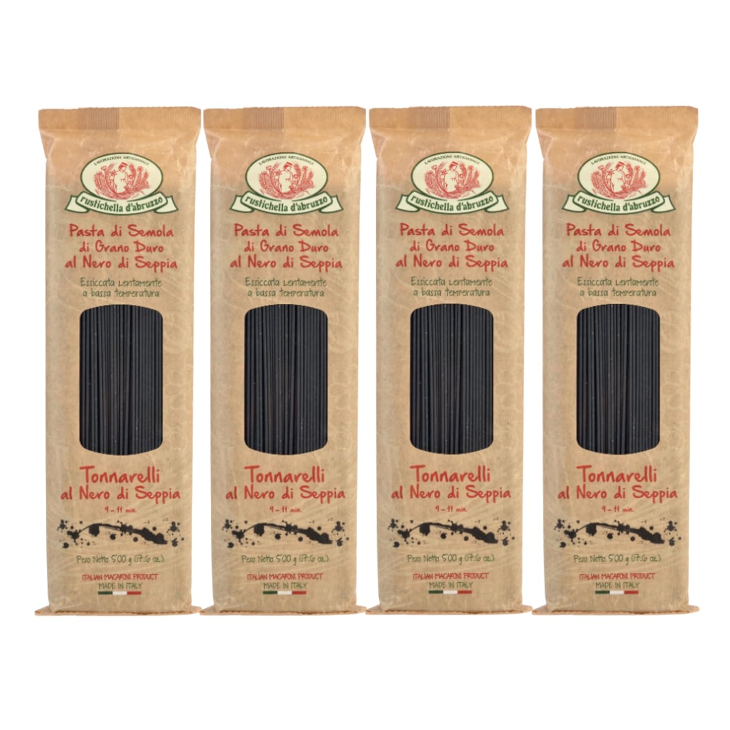 Rustichella d'Abruzzo Tonnarelli with Squid Ink - Pack of 4 500g bag each - Long Italian Pasta with Cuttlefish Ink, Ideal for Shellfish, Spicy Fish Sauce & Olive Oil Dishes - Authentic Flavored Pasta from Abruzzo, Italy