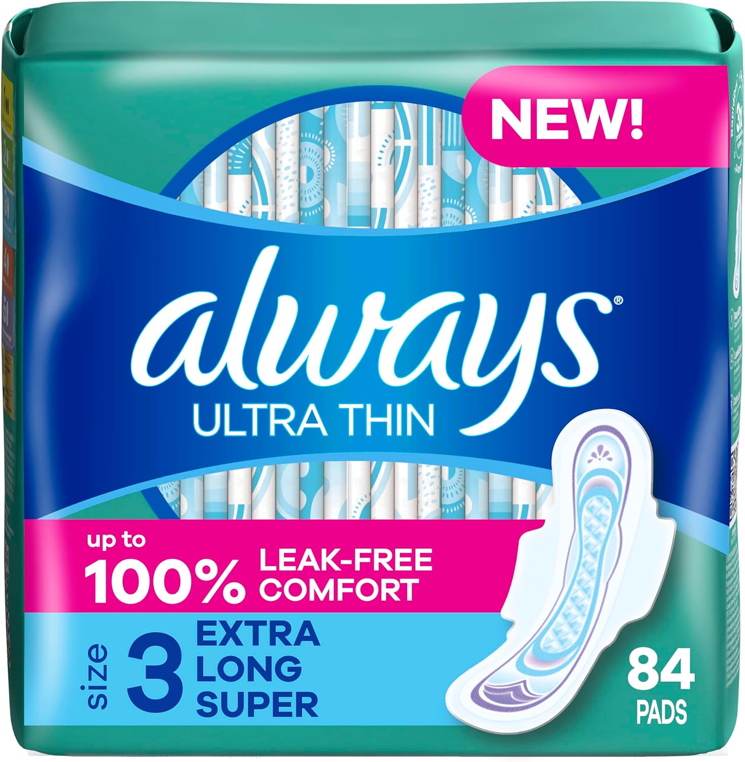 Always Ultra Thin Pads with Wings, Size 3, Extra Long Super, 84 Count (3 Packs of 28)