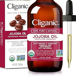 Cliganic Organic Jojoba Oil, 100% Pure (4oz) | Moisturizing Oil for Face, Hair, Skin & Nails | Natural Cold Pressed Hexane Free | Base Carrier Oil