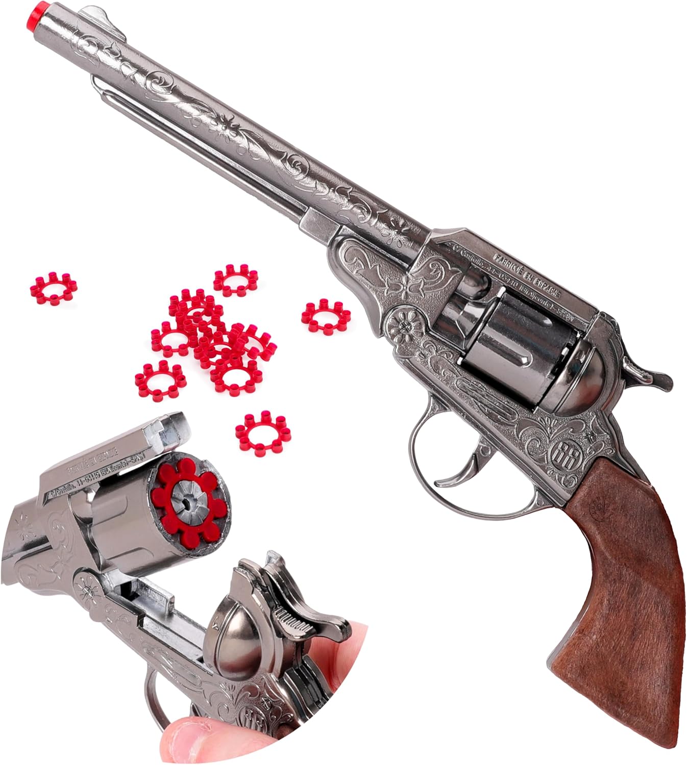 Toyland® 28cm (11") Die Cast Metal Cowboy Toy Pistol - 8 Shot Cap Gun With 96 Shots Included - Smoke & Sound Effect