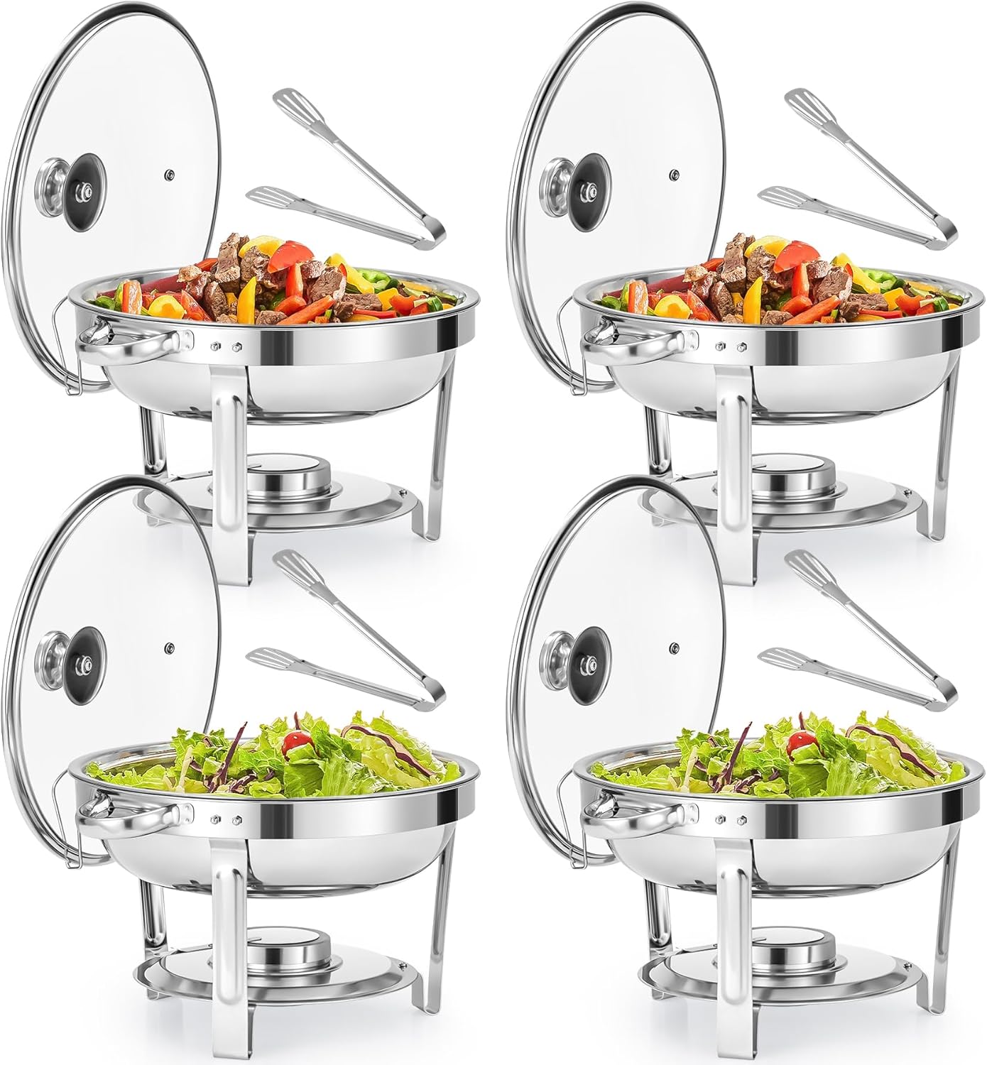 WILPREP Chafing Dish Buffet Set, 4 Pack 4.5L Round Chafers for Catering with Glass Lid & Lid Holder Water Food Pan, Stainless Steel Food Warmers