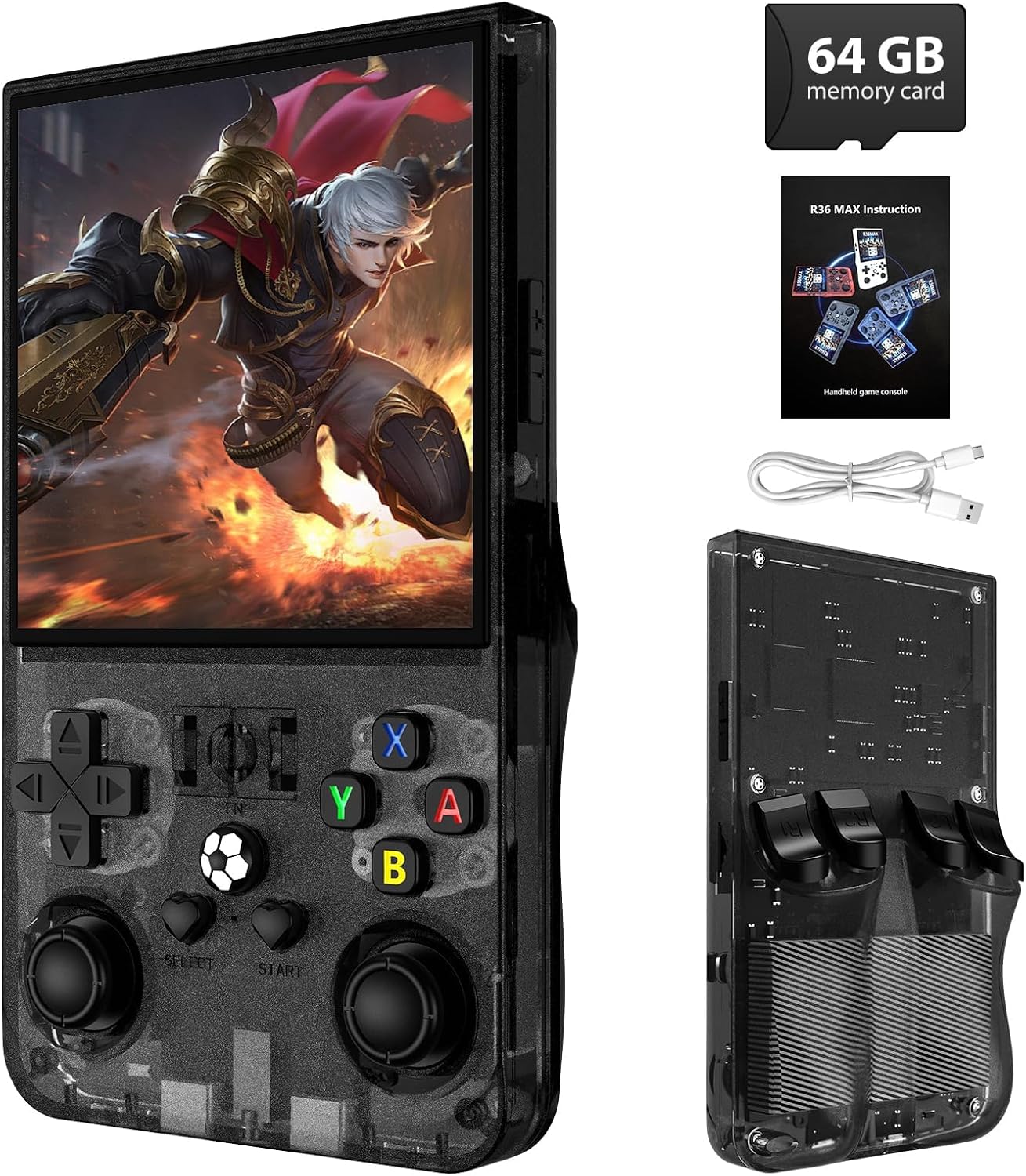 R36MAX Retro Handheld Game Console, 4.0 Inch IPS Screen, 64GB Memory, Portable Arcade Video Gaming Console Gift for Adults, Black