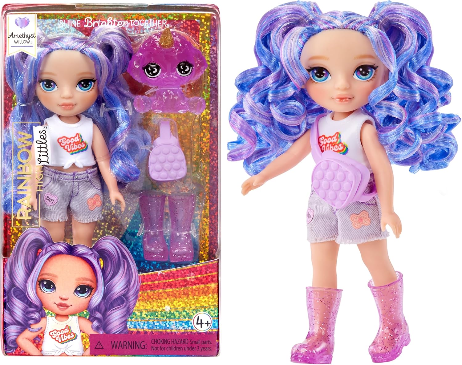 Rainbow High Littles – Amethyst Willow, Purple 5.5" Posable Small Doll with Purse, Magical Pet Dog, Girls Toy Gift, Kids Ages 4-12 Years