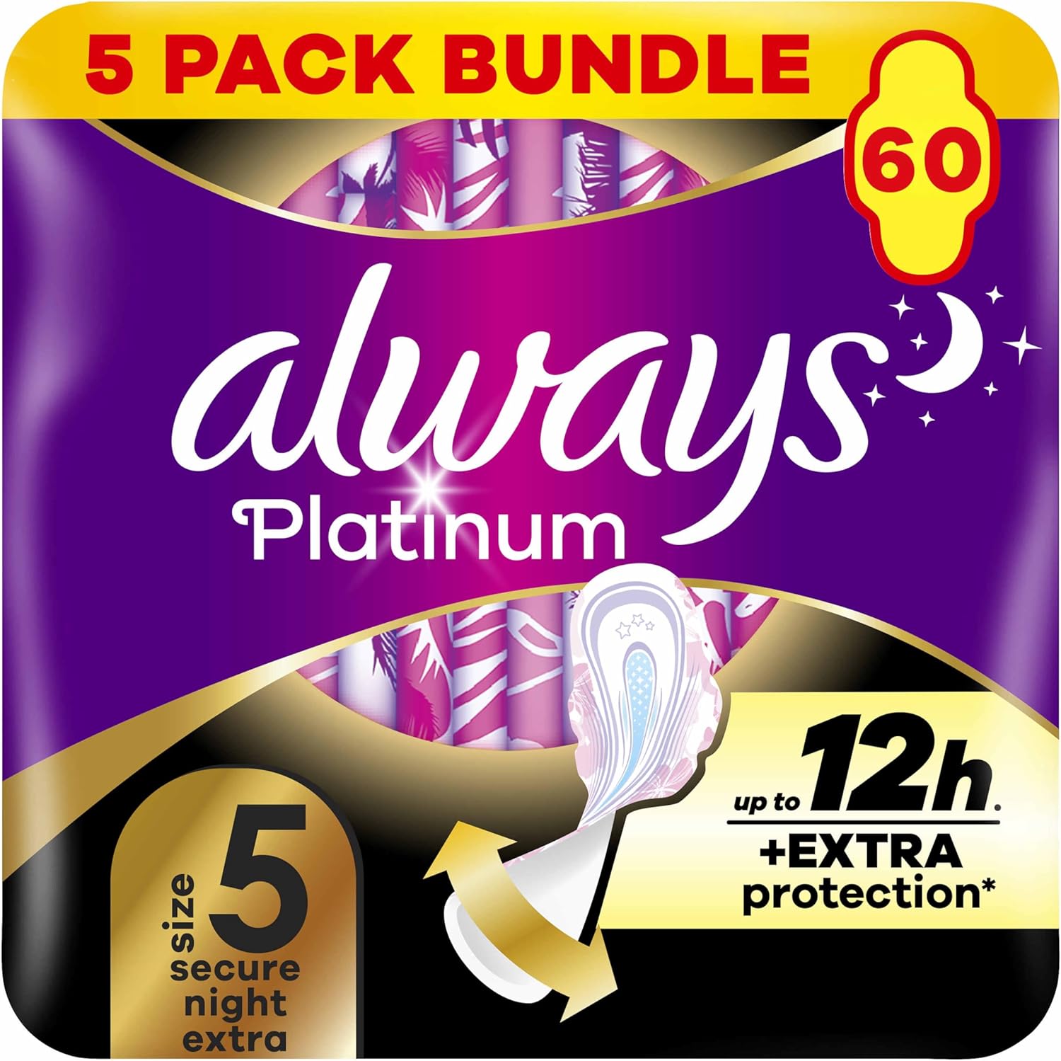 Always Platinum Secure Night Extra (Size 5) Sanitary Towels with Wings 5 x 12 Pads