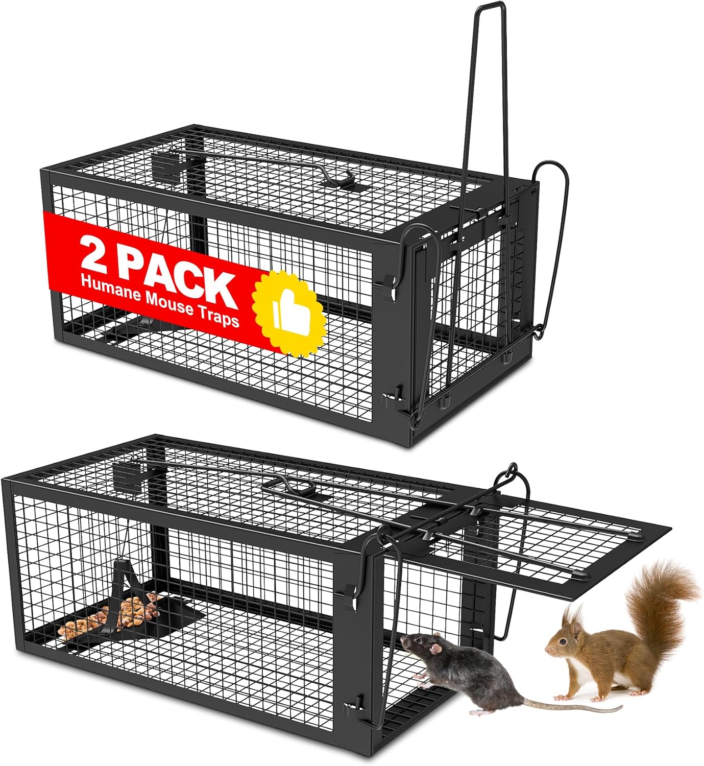 2 Packs Humane Rat Trap Outdoor Mouse Traps Indoor Use, Rodent Chipmunk Traps for Small Live Animal Catch and Release - Black