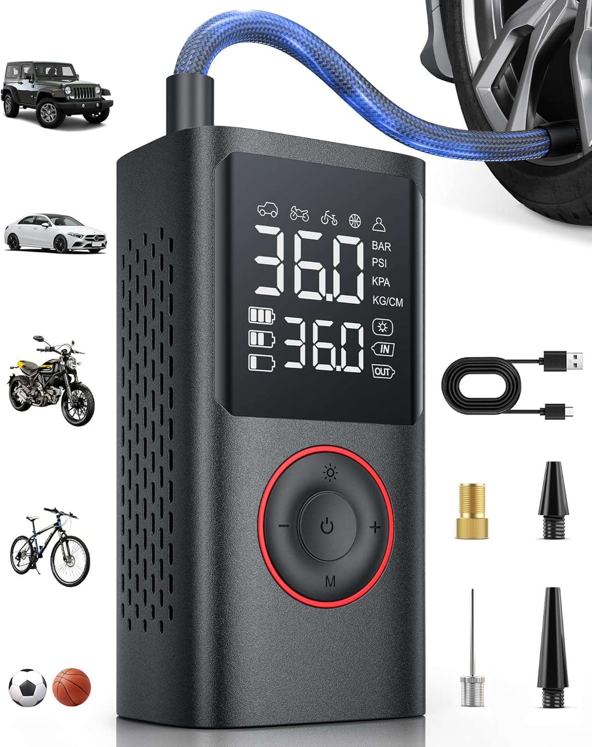 Tire Inflator Portable Air Compressor, 150 PSI Cordless Mini Bike Tire Pump, Air Pump for Auto, Motorcycle, Bicycle, Balls with Pressure Gauge&LED Light, Black, Medium